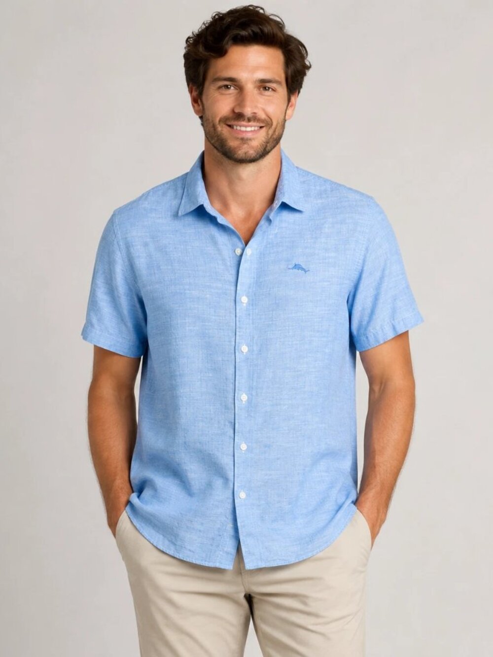 Tommy Bahama Men's XL Blue Chambray Cotton Short Sleeve Button Up Coastal Shirt
